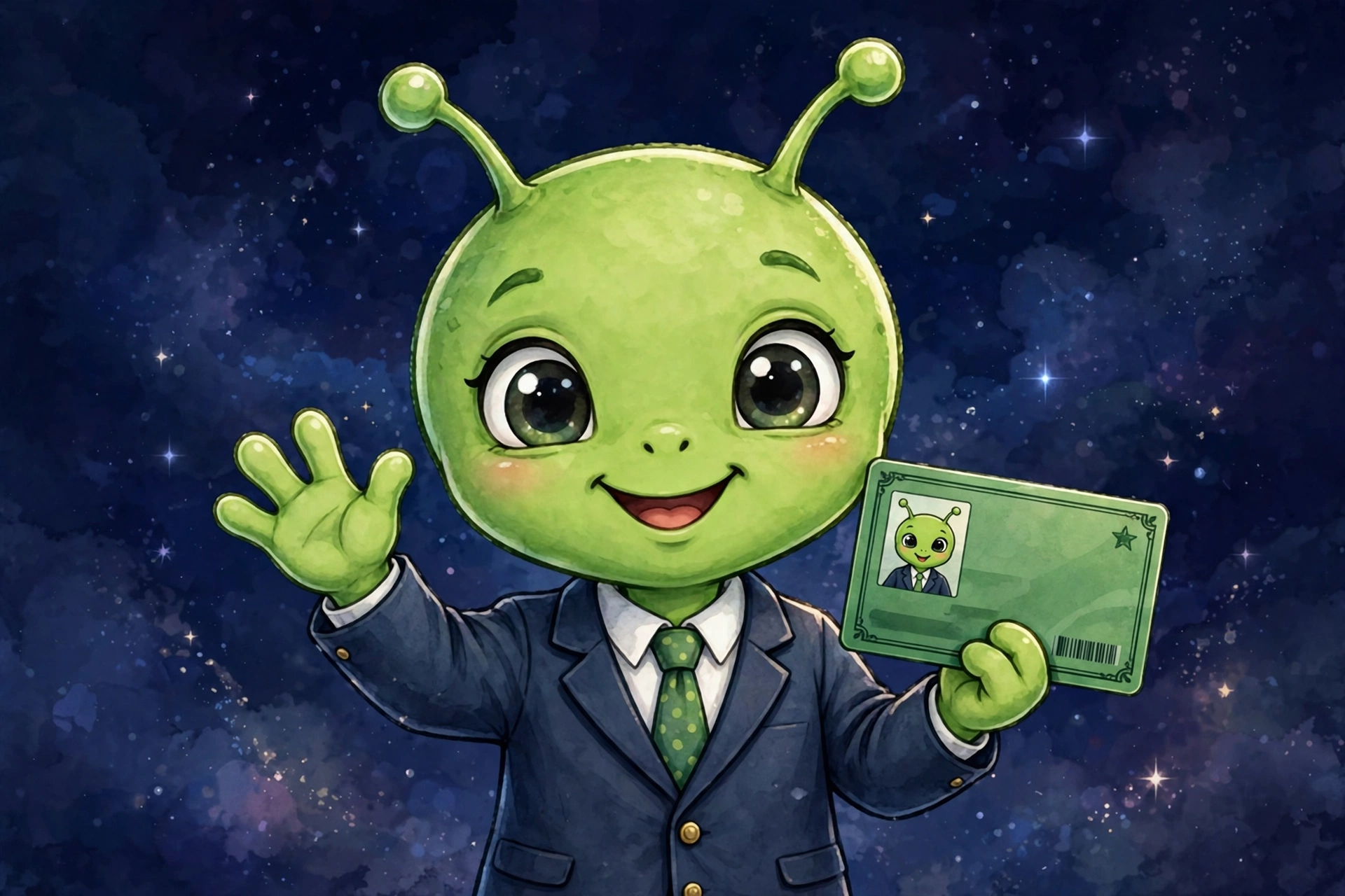 Friendly alien mascot holding a green card